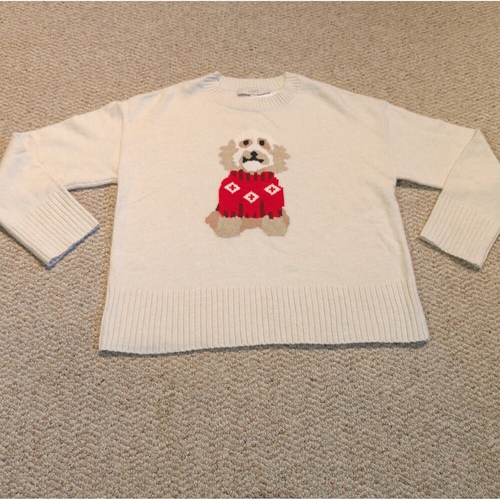 LOFT Puppy Dog Sweater Womens S Cream Doodle Christmas Holiday Soft Cozy
